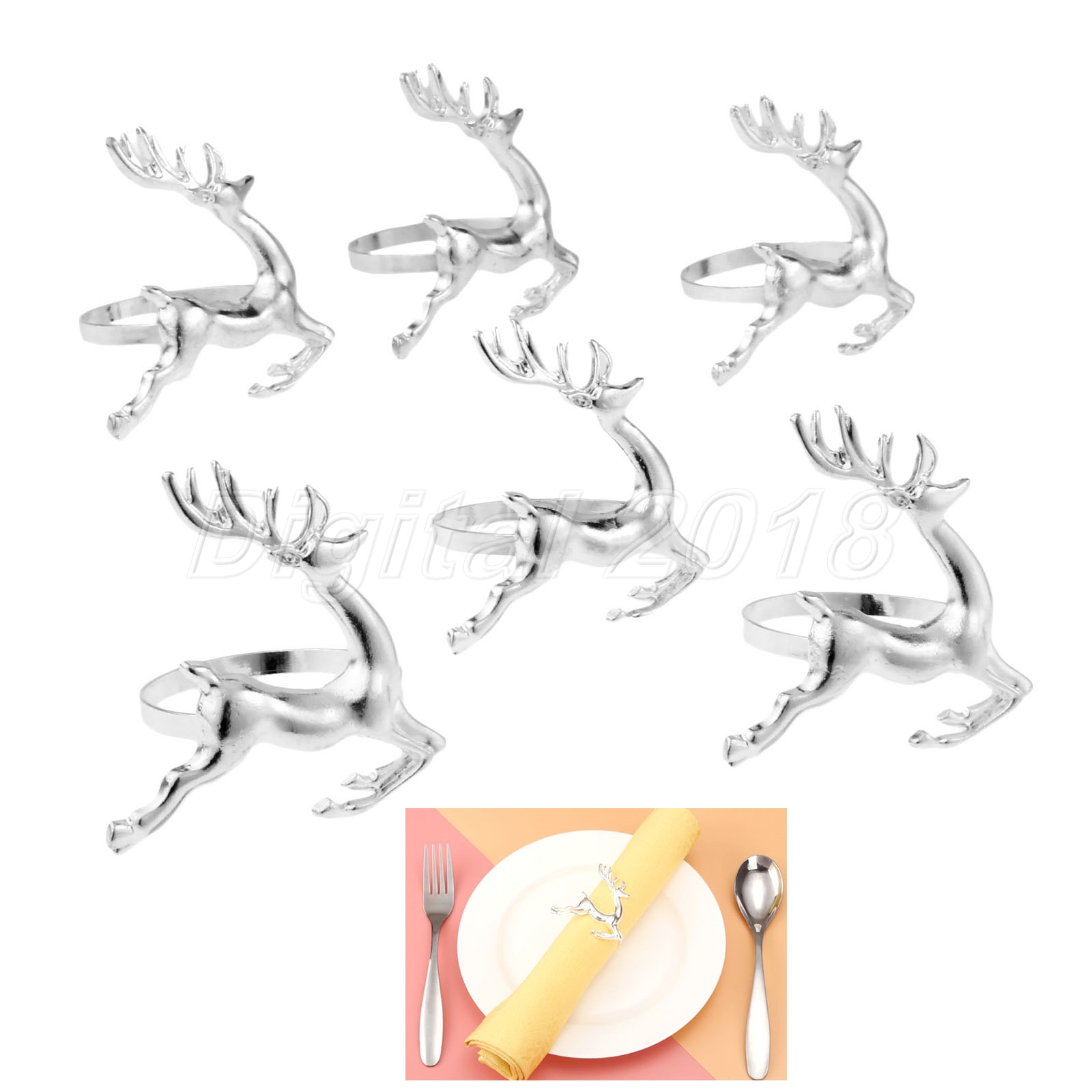 6Pcs Silver Deer Napkin Ring Holder Antique Party Table Serviette Decor