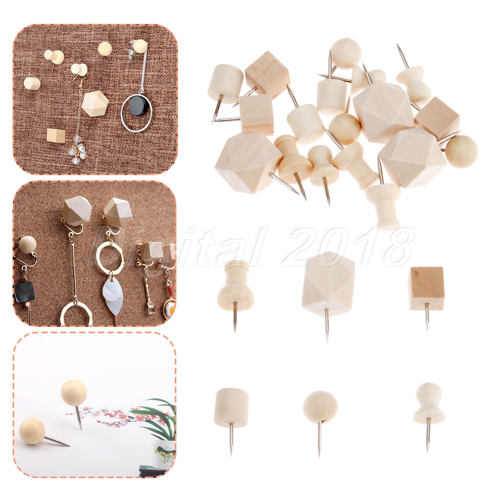 Natural Wooden Push Pins 6 Styles Message Board Paper Map Cork Board