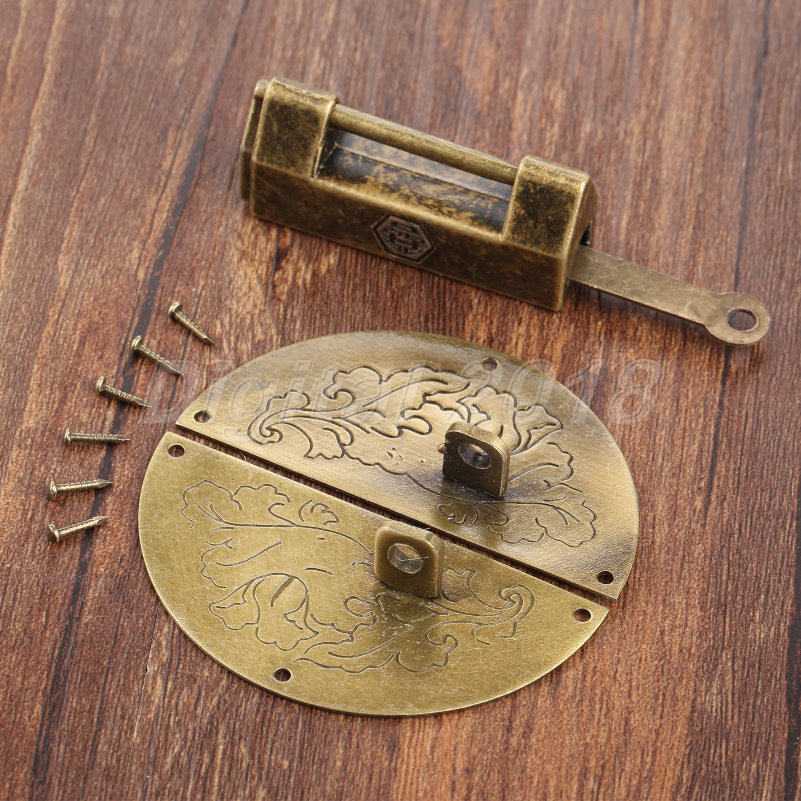 Chinese Old Chest Jewelry Box Latch Catch Hasp & Padlock Set